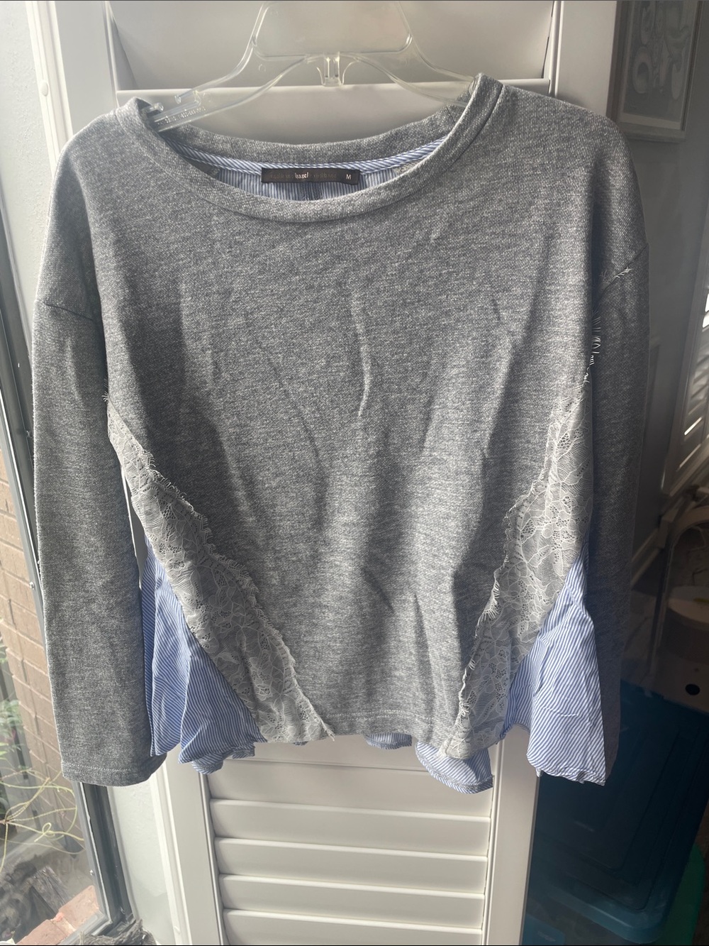 Grey Lace-Trim Mixed-Media Women's Top